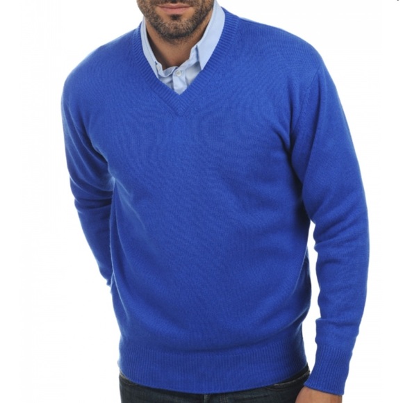 NWOT Jeremy Argyle Blue 100% Cashmere V Neck Sweater - Picture 3 of 7